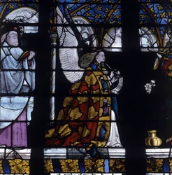 Gotisk arkitektur. Målat glas av bebådelsens ängel, detalj av ängeln, cirka 1450, av Jacques Coeurs mästare (Jacob de Littem). Cathedrale de Bourges.