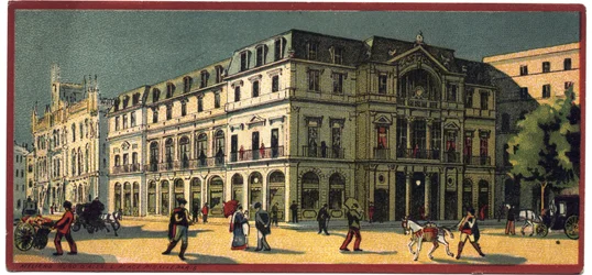 Grand hotels: exteriör vy av Avenida Palace i Lissabon, Portugal - Karta över en serie som presenterar hotellen i "Compagnie Internationale des Grands Hotels", sent 1800- och början av 1900-talet