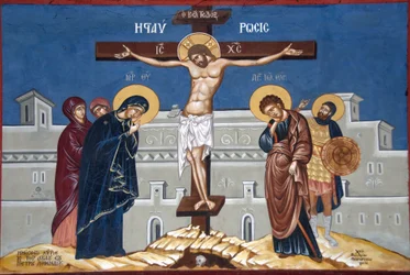 grekisk-ortodox kristendom; målning; Jesus Kristus på korset; Mini Ipsilon kloster; Lesbos Island; Egeiska havet; Grekland; Europa
