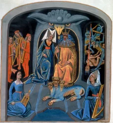 De grekiska gudarna Pluto och Persephone sitter med Cerberus, den trehövdade hunden, 1400-talet