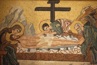 Grekisk-ortodox ikon som skildrar Chrits gravläggning i St Georges ortodoxa kyrka, Madaba, Madaba, Jordanie