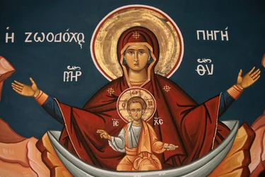 Grekisk-ortodox ikon som visar Maria som en livsbrunn Thessalonique Grekland