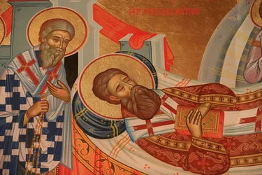 Grekisk-ortodox ikon som visar Saint Gregory Palamas sovsal (död) Thessalonique Grece
