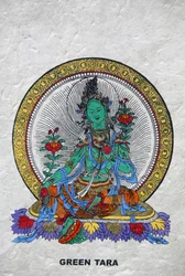 Grön Tara, buddhistisk symbol för välstånd. Kopan-klostret, Bhaktapur, Nepal