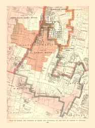 Guildhall City i London. Plan över församlingar och församlingar, 1885, 1886