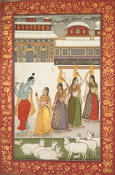 Gujari Ragini Krishna med Gopis Playing the Flute, från en Ragamala-serie, mitten av 1700-talet.