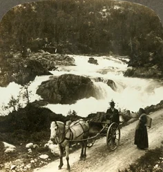 Stopp av en stolkjaerre på Telemarken-vägen bredvid de skummande Little Rjukan Falls, Norge, c1905