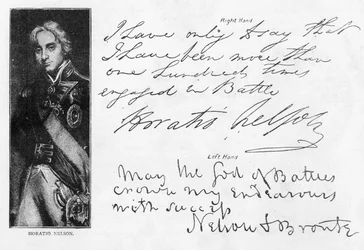 Handstil och underskrifter av Lord Nelson före och efter förlusten av sin högra arm, inklusive hans sista brev före slaget vid Trafalgar, skrivet från HMS "Victory" till Lady Hamilton