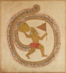 Hanuman bär bergstoppen med medicinalväxter, ca. 1800.