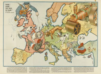 Hör! Hör! Hundarna skäller! Europeisk satirisk karta, 1914