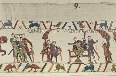Harold och greve Guy av Ponthieu pratar tillsammans i Beaurain, Bayeux Tapestry (ullbroderi på linne)