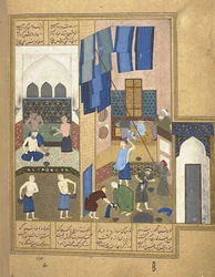 Harun al-Rashid och insidan ett hamam Från ett manuskript av Khamsa of Nizami, ca. 1495