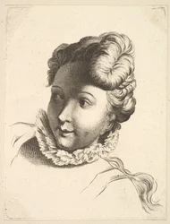 Head of a Woman Wearing a Ruff, från Livre de Têtes Gravées dapres F. Boucher et ..., 1700-tal.