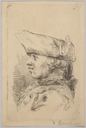 Huvud på en man i profil klädd i en tricorne, 1700-tal.