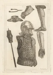 Hjälm och brigandin 1, järngreave eller benpansar 2, handske tillhörande John of Gaunt 3, järnhandske 4, gorget 5, järnblomma 6, antik järnspryckesporre 7