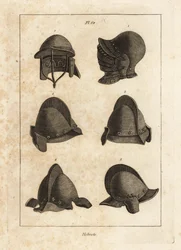 Hjälm med nedåtgående dryck i Tower of London 1, dubbelstång hjälm 2 och rea med oreillets eller hörsnäckor 3-6