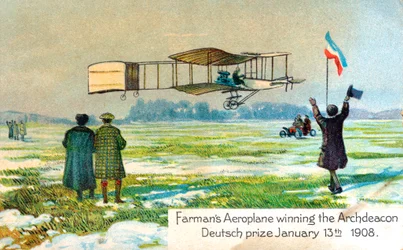 Henri Farman, fransk flygare, vinnande pris för första cirkulära kilometerflygningen, Paris, januari 1908