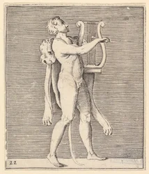 Hercules spelar en lyra, ett lejonskinn draperat över axeln, publicerat ca. 1599-1622.