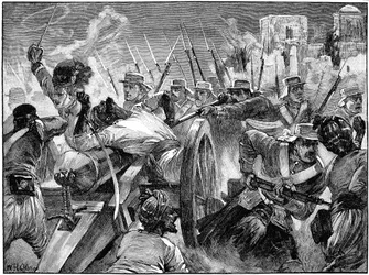 Highlanders som fångar myteristernas vapen vid Cawnpore, Indian Mytery, 16 juli 1857 c1895