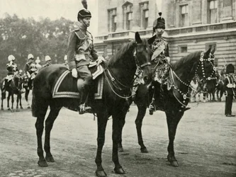Hans Majestät med hertigen av Gloucester, vid Trooping the Colour, 1928, 1937.