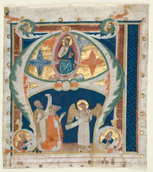Historikerad initial A utskuren från en gradual: Kristus i majestät med kung David..., ca. 1300-1340.