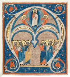 Historikerad initial A utskuren ur en responsorial: Kristus i majestät med heliga, ca. 1280-1300.