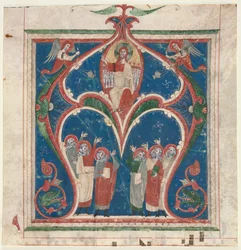 Historikerad initial A utskuren från ett antifonarium: Kristus i majestät med profeter, ca. 1280-1300.