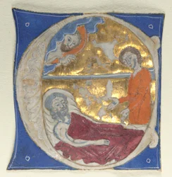 Historikerad initial utskuren ur en bibel, 1200-talet.