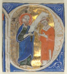 Historikerad initial utskuren från en bibel: St. Paul and a Cleric, 1200-talet.