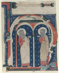 Historikerad initial H Utskuren från ett antifonarium: SS. Eremiten Paul och Antonius, c1200-1230.