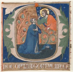 Historikerad initial O Utskuren från ett antifonarium: The Donor, Gorus Fucci, Kneels before Christ, c