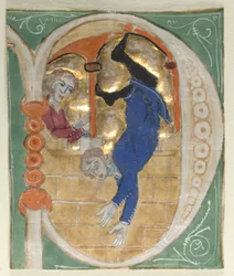 Historikerad initial P Urklippt ur en bibel, 1200-talet.