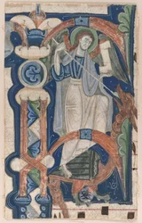 Historikerad initial P Urklippt ur en korbok: St. Michael and the Dragon, tidigt 1200-tal.
