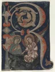 Historierad initial R Utskuren från en Gradual: The Three Marys at the Tomb, ca. 1200-1230.