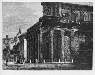 Det antika Roms historia. Temple of Antoninus and Faustina är ett antikt romerskt tempel i Rom, anpassat till kyrkan San Lorenzo in Miranda.