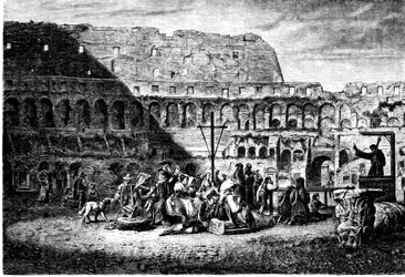 Det antika Roms historia. Fastepredikan av Colosseums insida. Tryck 1800