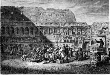Det antika Roms historia. Fastepredikan av Colosseums insida. Tryck 1800