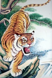Hoi Tuong Te Nguoi Hoa buddistiska kinesiska tempel. Tigermålning. Phu Quoc. Vietnam.