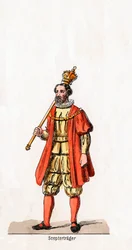 Hållare av en spira, kostymdesign för Shakespeares pjäs, Henry VIII, 1800-talet