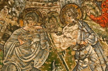 Holy Virgin och Saint John Kame koptiska kloster: fresk från 900-talet: Bebådelsen Egypten
