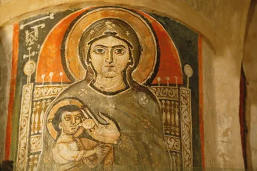 Heliga jungfrun och Saint John Kame koptiska klostret Mary ammar Jesus Egypten