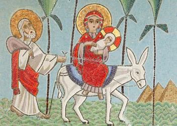 Holy Virgin och Saint John Kame koptiska klosterikon: Den heliga familjen, Egypten