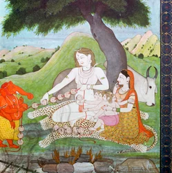 Helig familj på Burning Ground, som visar Shiva, Parvati och Ganesh, 1800-talet