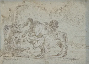 Häst, tjur, lejon och vildsvin, 1600-talet.