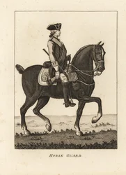 Horse Guard, i militäruniform med tricorn, musköt