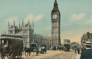 Houses of Parliament och Westminster Bridge, London, ca 1900-talet.