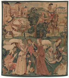 Jakt och pastorala scener, med en skrattande man mellan damer, ca. 1510.
