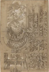 Illusionistiskt tak med en druvberså, figurer på gallerier och en central..., ca. 1570158