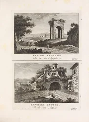 Illustration hentet fra boken Forntida och moderna åsikter det mest intressanta i staden Rom av ukjent författare och utgitt av Av Venanzio Monaldini, Stefano Piale in Piazza di Spagna (it, [ca. 1820])