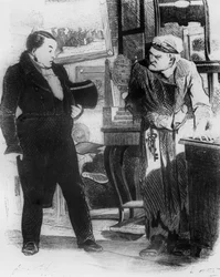 Illustration av Gogols "Döda själar", Chichikov (vänster) besöker Pushkin (Pushkin), träsnitt av åldrande